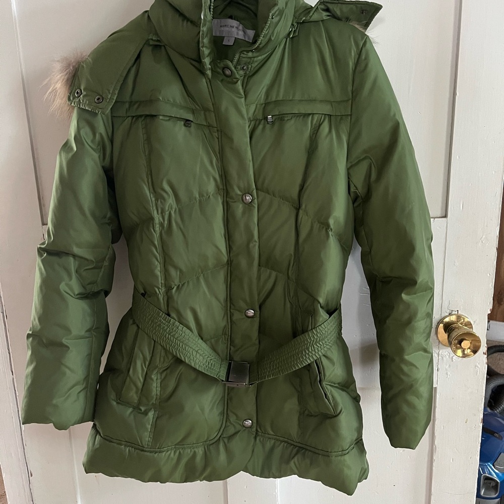 Andrew Marc Green Puffer Coat with Belted Waist and Hood. Never worn, real fur